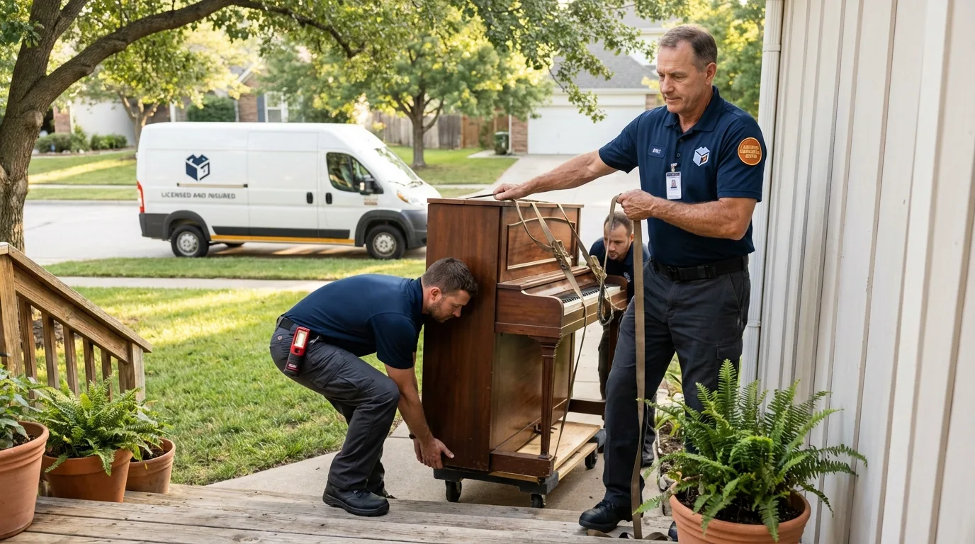 Licensed piano movers securing grand piano in Puerto Real, PR