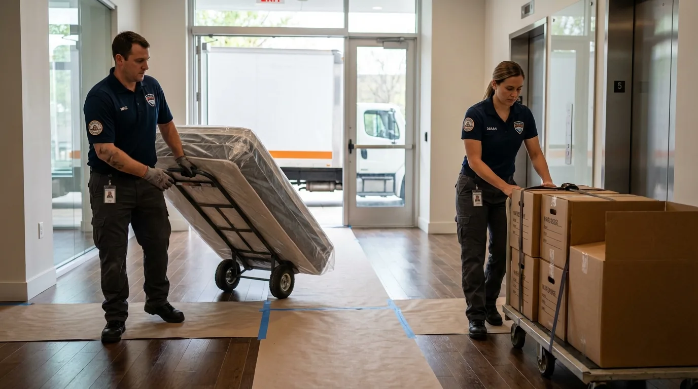 Professional apartment movers loading elevator in Puerto Real, PR